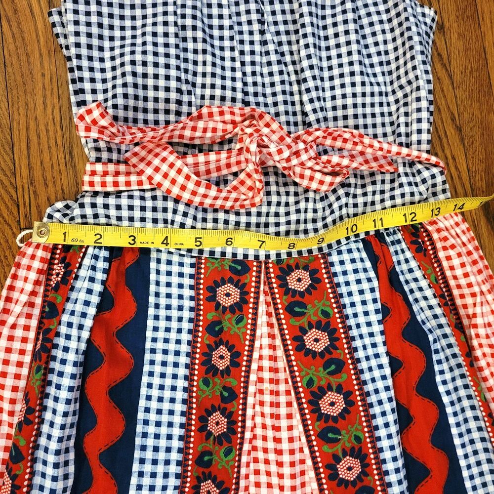 VTG 70s Red White Blue Bicentennial Maxi Dress Gingham floral Boho Hostess S M - Picture 4 of 10